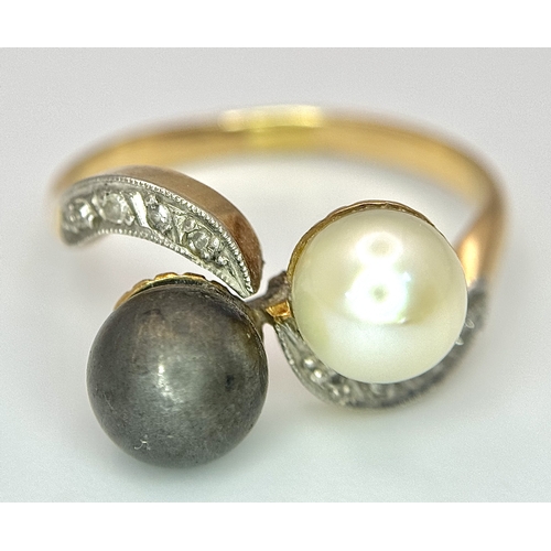 418 - A 14K Gold (tested) Pearl and Diamond Crossover Ring. Size Q. 4.9g