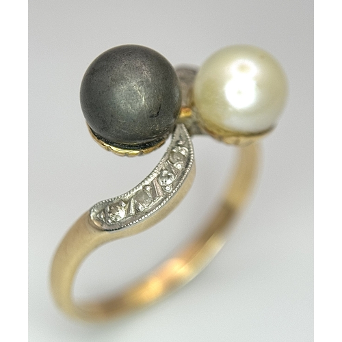 418 - A 14K Gold (tested) Pearl and Diamond Crossover Ring. Size Q. 4.9g