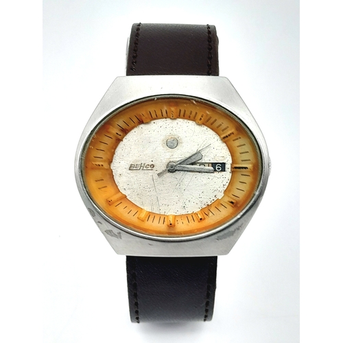 855 - A Rare Vintage Behco Automatic Gents Watch. Brown leather strap. Oval stainless steel case - 42mm. P... 