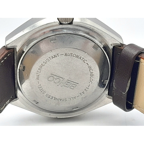 855 - A Rare Vintage Behco Automatic Gents Watch. Brown leather strap. Oval stainless steel case - 42mm. P... 