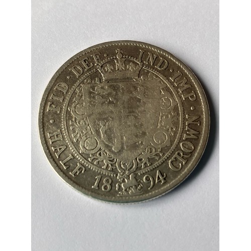 245 - 1894 SILVER HALF CROWN coin. Fine/almost very fine condition.