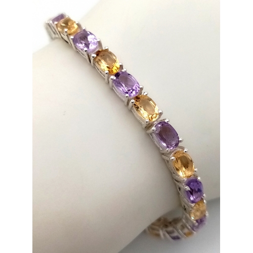 184 - An Amethyst and Citrine Gemstone Tennis Bracelet - Set in 925 Silver. 16cm. CD-1747