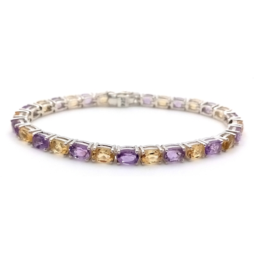 184 - An Amethyst and Citrine Gemstone Tennis Bracelet - Set in 925 Silver. 16cm. CD-1747