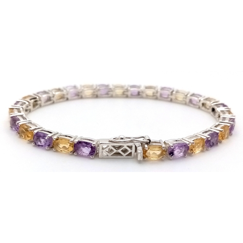 184 - An Amethyst and Citrine Gemstone Tennis Bracelet - Set in 925 Silver. 16cm. CD-1747