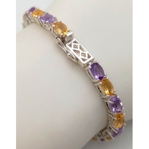 184 - An Amethyst and Citrine Gemstone Tennis Bracelet - Set in 925 Silver. 16cm. CD-1747