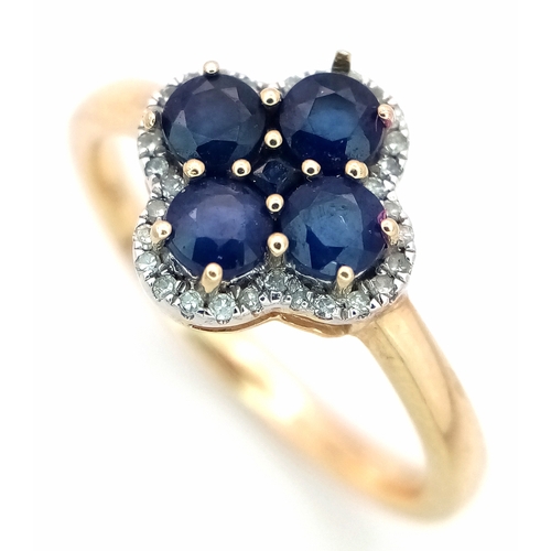 190 - A 9K YELLOW GOLD DIAMOND AND SAPPHIRE RING. 2.5G. SIZE P. SC7038.