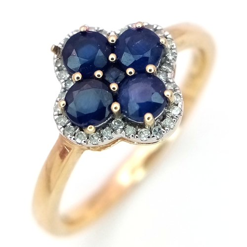 190 - A 9K YELLOW GOLD DIAMOND AND SAPPHIRE RING. 2.5G. SIZE P. SC7038.