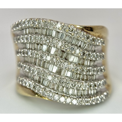 195 - A 9K YELLOW GOLD MULTI ROW MIX CUT DIAMOND RING. 1CTW. 6.5G. SIZE M. SC7073.