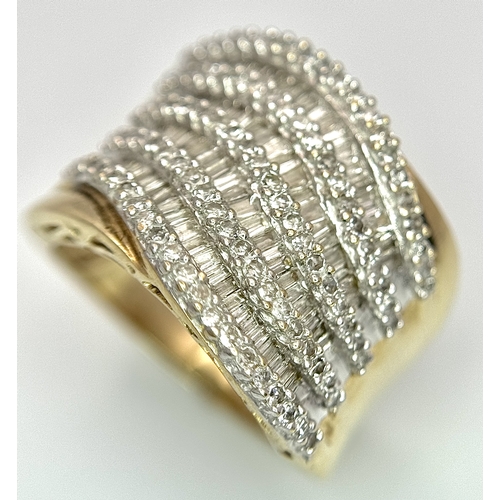 195 - A 9K YELLOW GOLD MULTI ROW MIX CUT DIAMOND RING. 1CTW. 6.5G. SIZE M. SC7073.