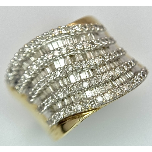 195 - A 9K YELLOW GOLD MULTI ROW MIX CUT DIAMOND RING. 1CTW. 6.5G. SIZE M. SC7073.