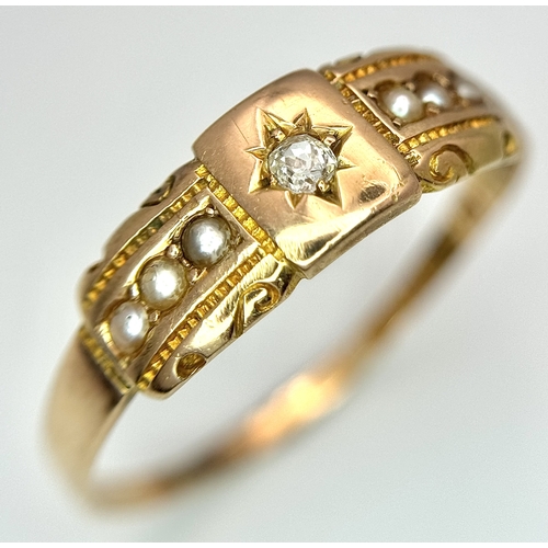 237 - A 15K YELLOW GOLD ANTIQUE OLD CUT DIAMOND AND PEARL RING. 2.9G. SIZE Y. HALLMARKED 1885 BIRMINGHAM. ... 