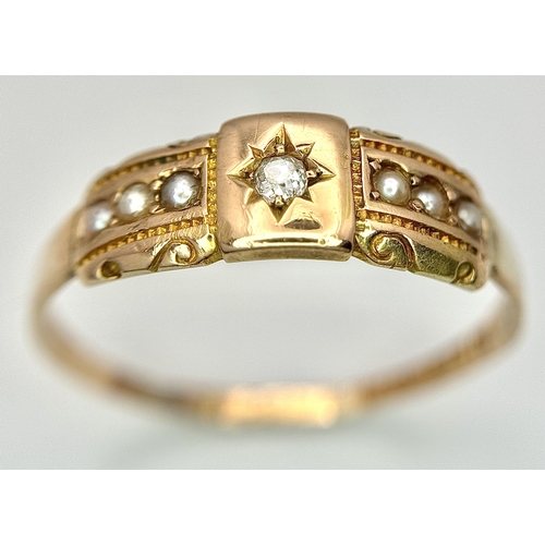 237 - A 15K YELLOW GOLD ANTIQUE OLD CUT DIAMOND AND PEARL RING. 2.9G. SIZE Y. HALLMARKED 1885 BIRMINGHAM. ... 