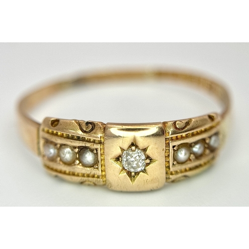 237 - A 15K YELLOW GOLD ANTIQUE OLD CUT DIAMOND AND PEARL RING. 2.9G. SIZE Y. HALLMARKED 1885 BIRMINGHAM. ... 