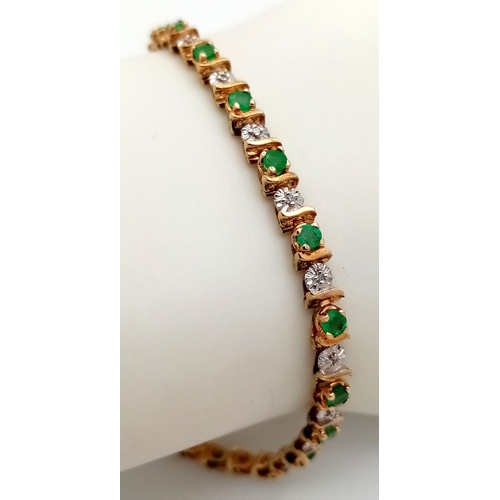 230 - A 9K YELLOW GOLD, DIAMOND AND EMERALD BRACELET. 6.6G. WITH SAFETY CATCH FITTING. 17CM. SC7021.