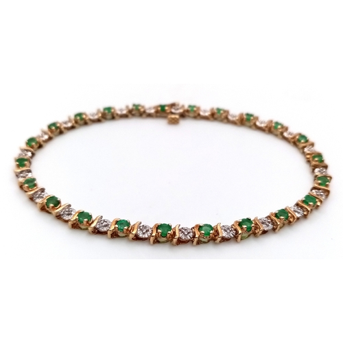 230 - A 9K YELLOW GOLD, DIAMOND AND EMERALD BRACELET. 6.6G. WITH SAFETY CATCH FITTING. 17CM. SC7021.