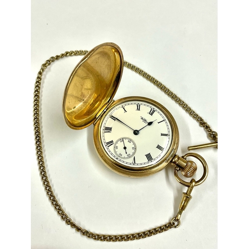 227 - A WALTHAM FULL HUNTER POCKET WATCH & CHAIN. IN WORKING ORDER  . REF: LU30.