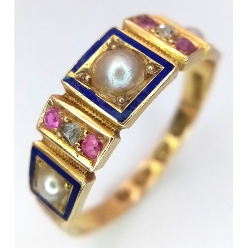 211 - An 18k yellow gold, enamel, ruby, diamond and pearl ring, 0.02ct diamond weight. 0.12ct ruby weight.... 