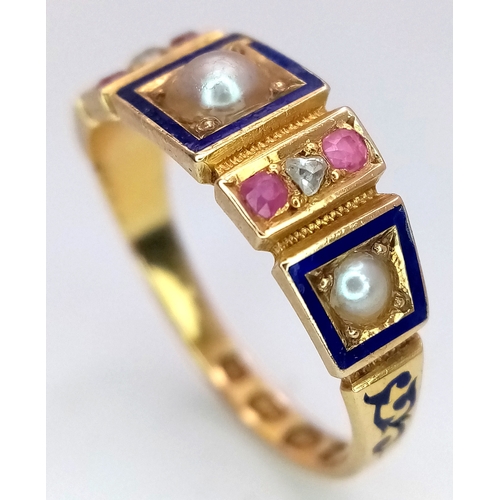 211 - An 18k yellow gold, enamel, ruby, diamond and pearl ring, 0.02ct diamond weight. 0.12ct ruby weight.... 