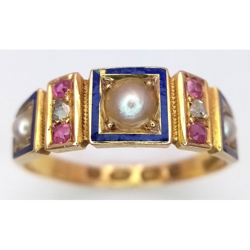 211 - An 18k yellow gold, enamel, ruby, diamond and pearl ring, 0.02ct diamond weight. 0.12ct ruby weight.... 