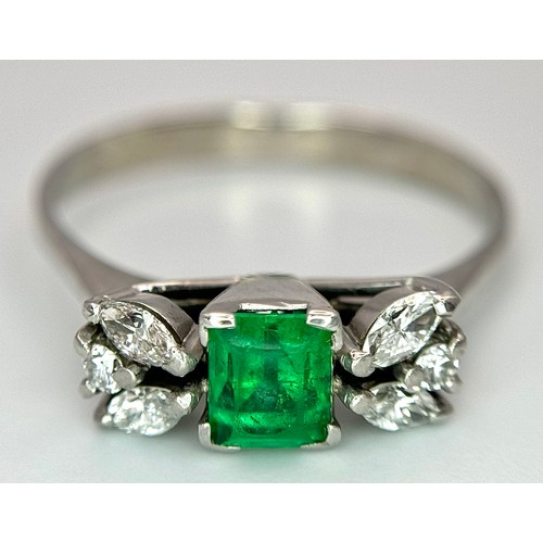 202 - A 14K WHITE GOLD DIAMOND & EMERALD RING. 0.40CT EMERALD WITH 0.40CTW DIAMONDS. 3G TOTAL WEIGHT, SIZE... 