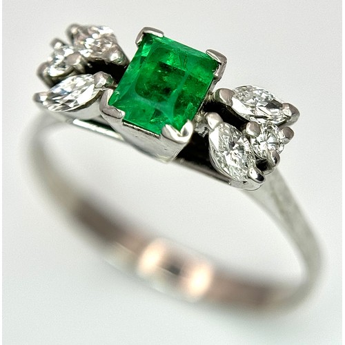 202 - A 14K WHITE GOLD DIAMOND & EMERALD RING. 0.40CT EMERALD WITH 0.40CTW DIAMONDS. 3G TOTAL WEIGHT, SIZE... 