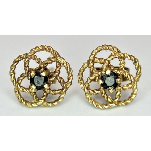 200 - Beautiful 9 CARAT GOLD PAIR OF EARRINGS . ROPE FILIGREE in floral form with Dark Gemstone to Centre.... 