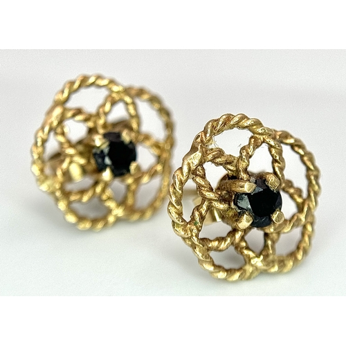 200 - Beautiful 9 CARAT GOLD PAIR OF EARRINGS . ROPE FILIGREE in floral form with Dark Gemstone to Centre.... 