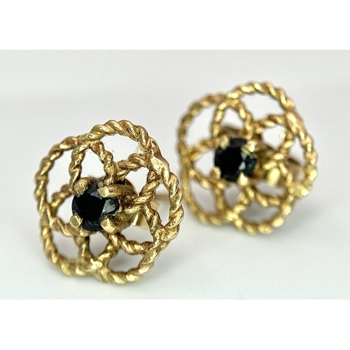 200 - Beautiful 9 CARAT GOLD PAIR OF EARRINGS . ROPE FILIGREE in floral form with Dark Gemstone to Centre.... 