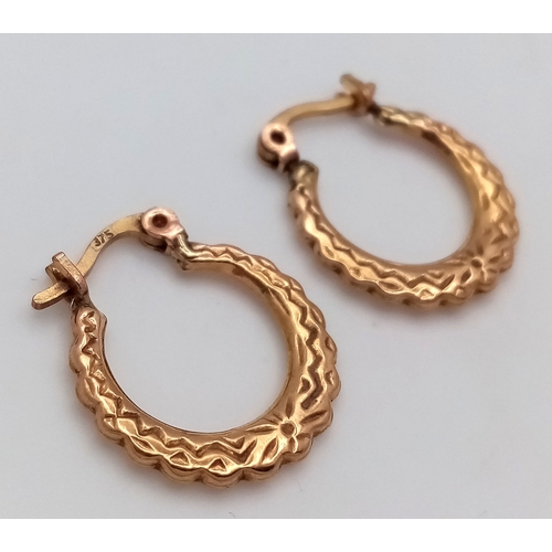 217 - Beautiful pair of 9 CARAT GOLD HOOP EARRINGS. Patterned decoration to both sides. 0.79 grams.