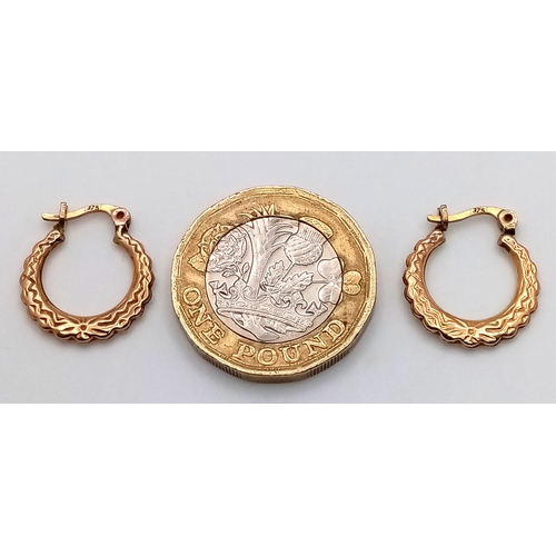 217 - Beautiful pair of 9 CARAT GOLD HOOP EARRINGS. Patterned decoration to both sides. 0.79 grams.