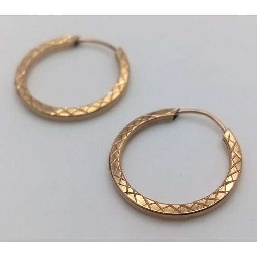 224 - Traditional pair of 9 CARAT GOLD HOOP EARRINGS. Diamond cut pattern. 0.63 grams. 1.75 cm Diameter. p... 