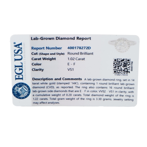 226 - A 14K White Gold 1.22ct Lab Grown Diamond Ring.  1.02 carat round brilliant lab grown diamond centre... 