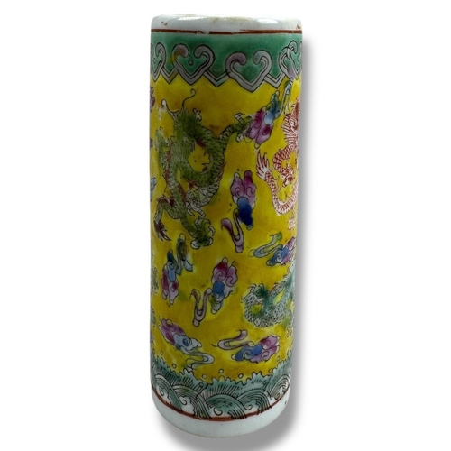 1447 - An antique Chinese Famille Jaune Porcelain Brush Pot with Five-Clawed Dragons, Qianlong Mark. Decora... 