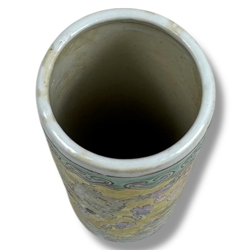 1447 - An antique Chinese Famille Jaune Porcelain Brush Pot with Five-Clawed Dragons, Qianlong Mark. Decora... 