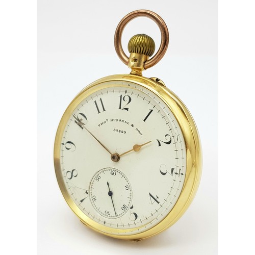 2 - AN 18K GOLD THOMAS RUSSELL AND SON, EARLY 20TH CENTURY POCKET WATCH - ORIGINALLY SOLD BY MAPPIN AND ... 