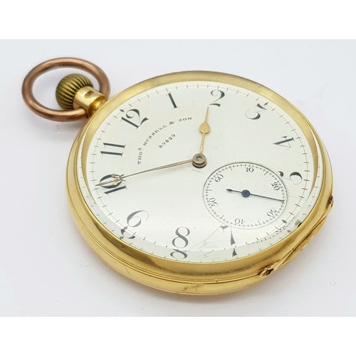 2 - AN 18K GOLD THOMAS RUSSELL AND SON, EARLY 20TH CENTURY POCKET WATCH - ORIGINALLY SOLD BY MAPPIN AND ... 