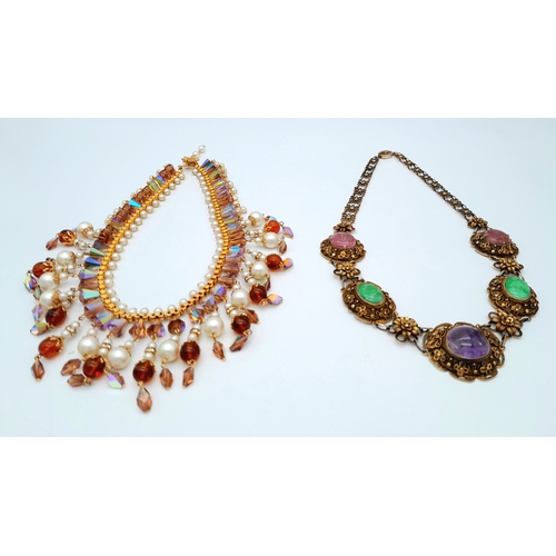 1715 - Two Intricate Vintage Stone-Set Gilded Necklaces. Both 40cm.