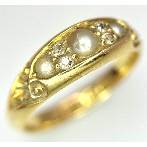 132 - AN 18K YELLOW GOLD ANTIQUE DIAMOND & PEARL RING. 4.1G TOTAL WEIGHT, SIZE N. HALLMARKED BIRMINGHAM 18... 