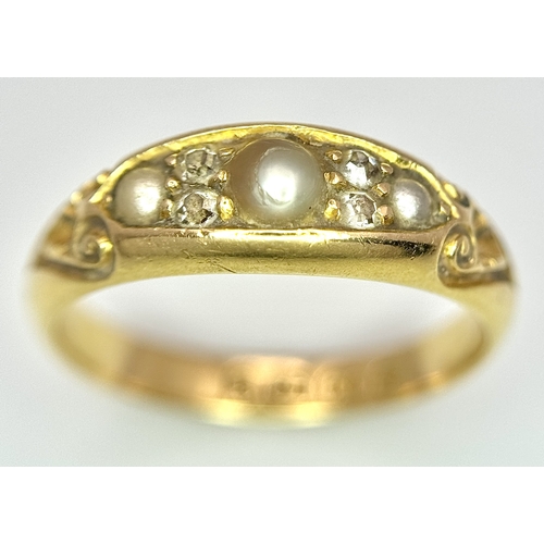132 - AN 18K YELLOW GOLD ANTIQUE DIAMOND & PEARL RING. 4.1G TOTAL WEIGHT, SIZE N. HALLMARKED BIRMINGHAM 18... 