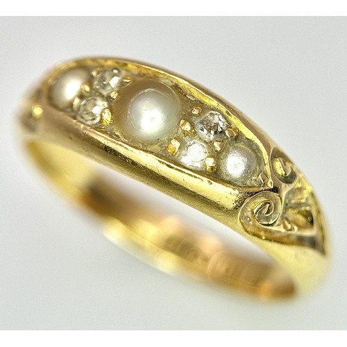 132 - AN 18K YELLOW GOLD ANTIQUE DIAMOND & PEARL RING. 4.1G TOTAL WEIGHT, SIZE N. HALLMARKED BIRMINGHAM 18... 
