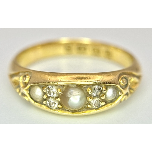 132 - AN 18K YELLOW GOLD ANTIQUE DIAMOND & PEARL RING. 4.1G TOTAL WEIGHT, SIZE N. HALLMARKED BIRMINGHAM 18... 