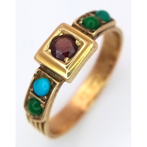 173 - AN 18K YELLOW GOLD ANTIQUE GARNET & TURQUISE RING 2.7G SIZE L 1/2. REF: SC 9091