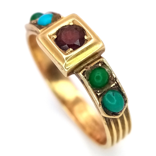 173 - AN 18K YELLOW GOLD ANTIQUE GARNET & TURQUISE RING 2.7G SIZE L 1/2. REF: SC 9091