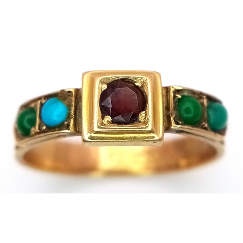 173 - AN 18K YELLOW GOLD ANTIQUE GARNET & TURQUISE RING 2.7G SIZE L 1/2. REF: SC 9091