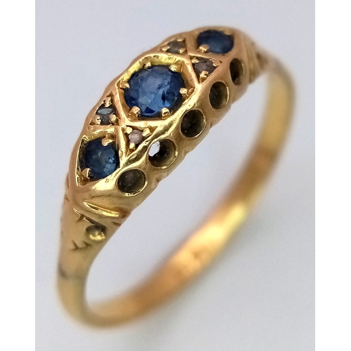 40 - An Antique 18K Yellow Gold, Diamond and Sapphire Ring. Size R. 2.5g.