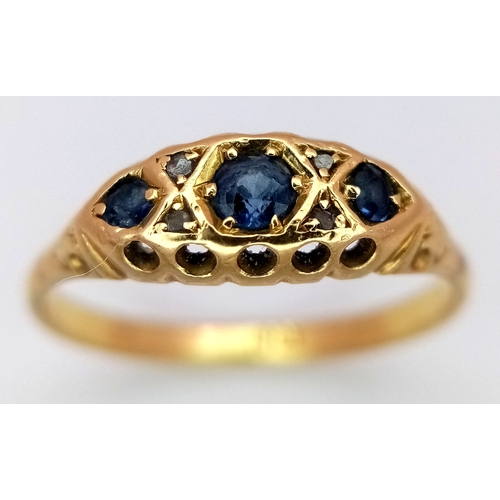 40 - An Antique 18K Yellow Gold, Diamond and Sapphire Ring. Size R. 2.5g.