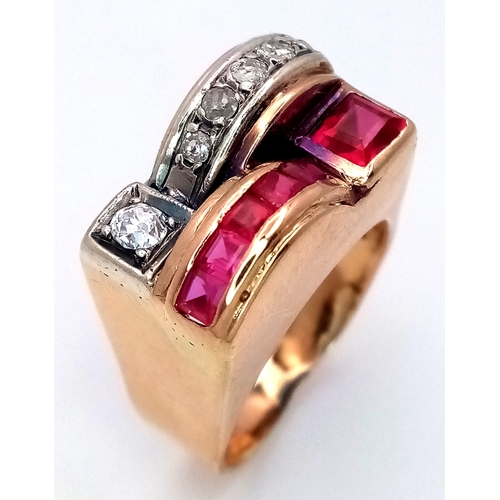 48 - An 18K Gold, Ruby and Diamond Ring. Princess and round cut stones in a mirrored form. 0.40ctw diamon... 