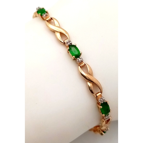 146 - A 9K YELLOW GOLD DIAMOND & GREEN STONE SET BRACELET. 5.5G , 19.5CM IN LENGTH. REF: SC 9059