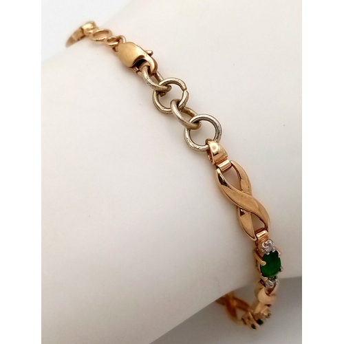 146 - A 9K YELLOW GOLD DIAMOND & GREEN STONE SET BRACELET. 5.5G , 19.5CM IN LENGTH. REF: SC 9059