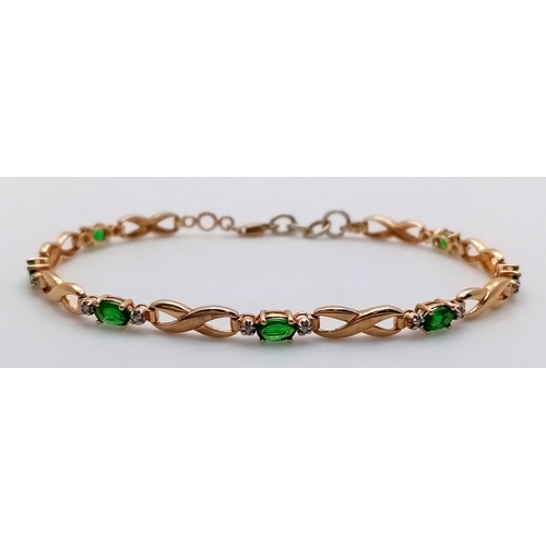 146 - A 9K YELLOW GOLD DIAMOND & GREEN STONE SET BRACELET. 5.5G , 19.5CM IN LENGTH. REF: SC 9059